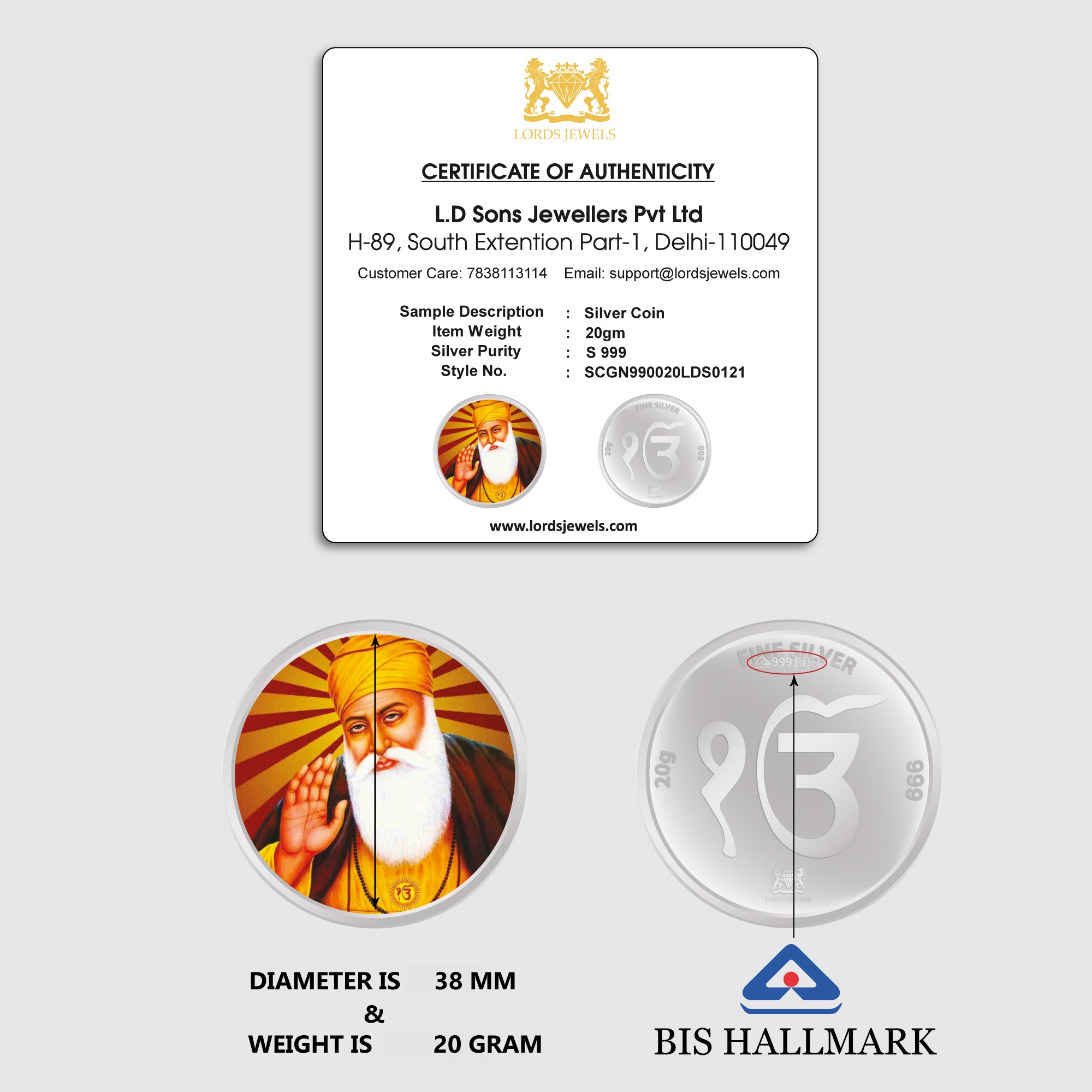 Guru Nanak Dev Ji 999 Purity 20 Grams Silver Coin lordsjewels