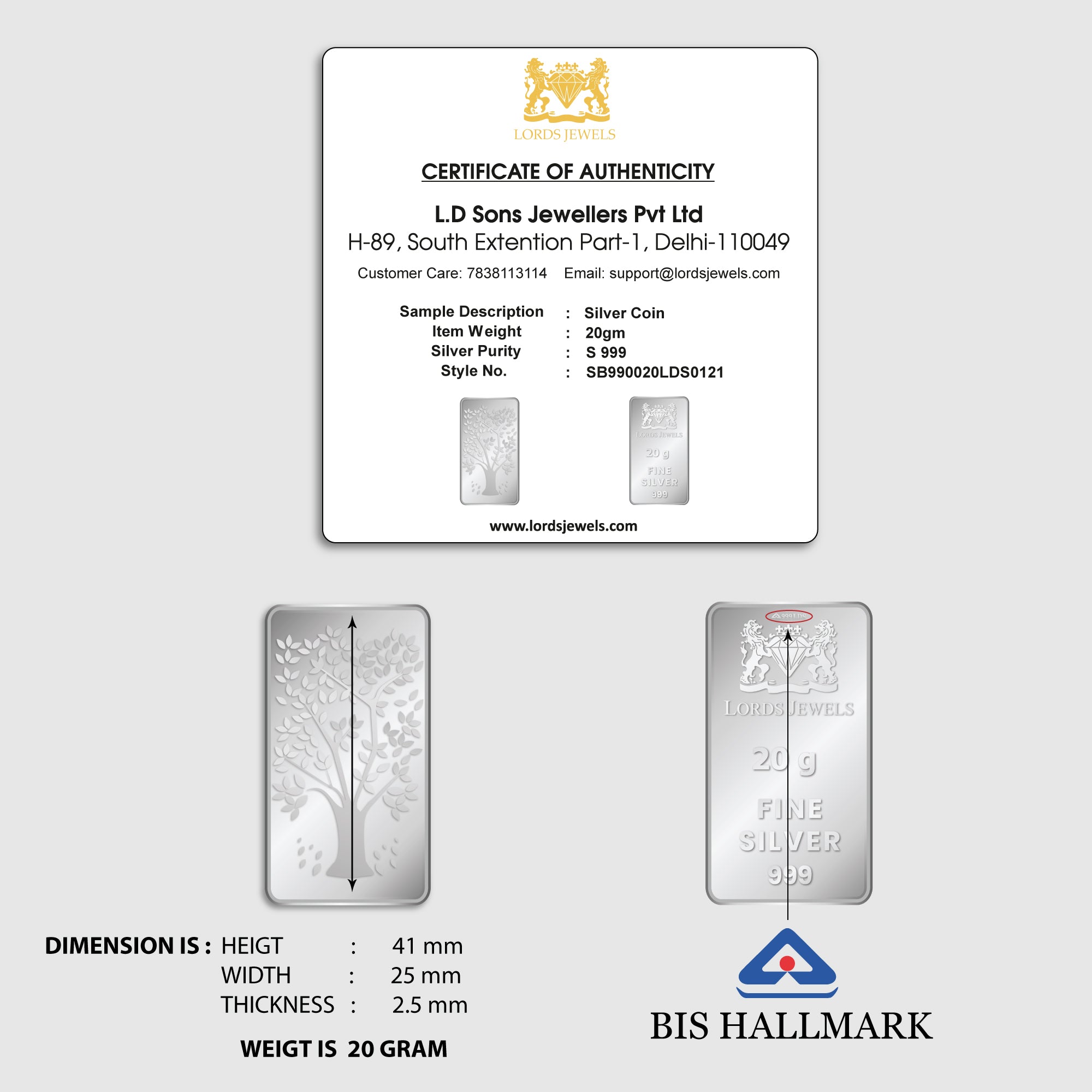 20 Grams 999 Purity Silver Bar lordsjewels